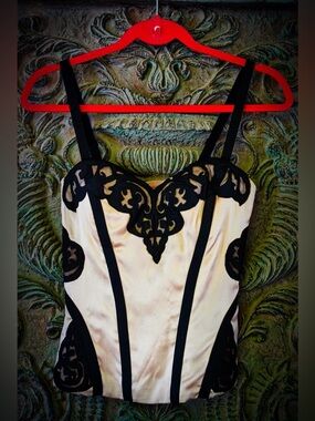 Bebe Champagne Satin & Black Lace Corset Top - Size XS